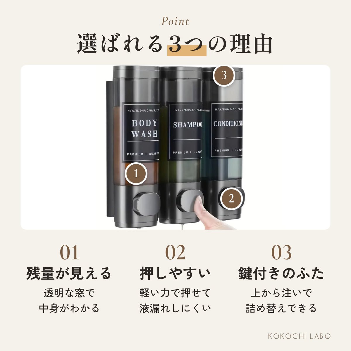 3連シャンプーディスペンサー 壁掛け｜300ml×3・穴あけ不要